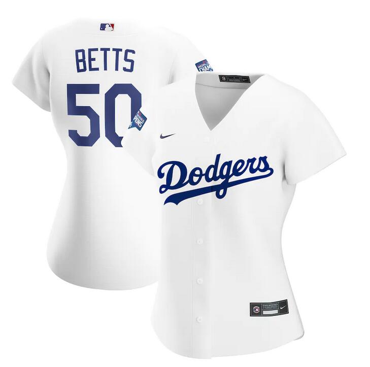 Women Los Angeles Dodgers #50 Mookie Betts Nike White 2020 World Series Champions Home Replica Player mlb Jersey->women mlb jersey->Women Jersey